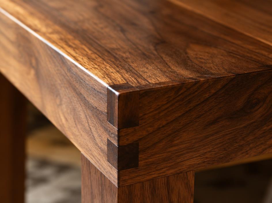 Close-up of a hand-rubbed finish on a walnut table corner